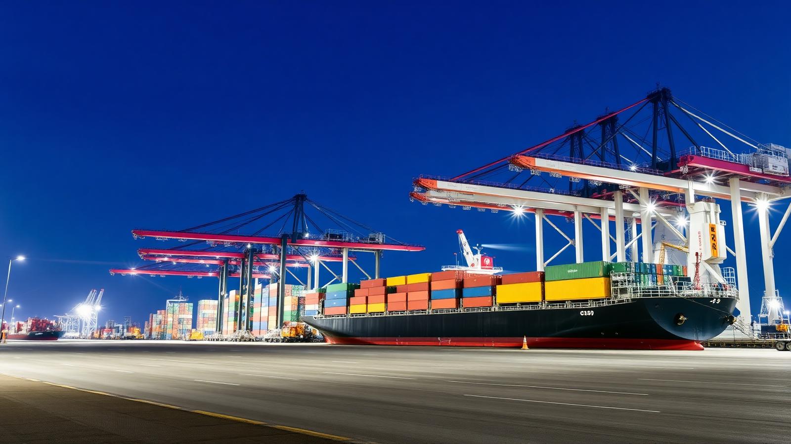 Container ship at berth beside gantry cranes and stacked freight containers at a port terminal